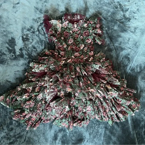 Green/burgundy day floral Mia Joy voluminous mini dress - Picture 11 of 11